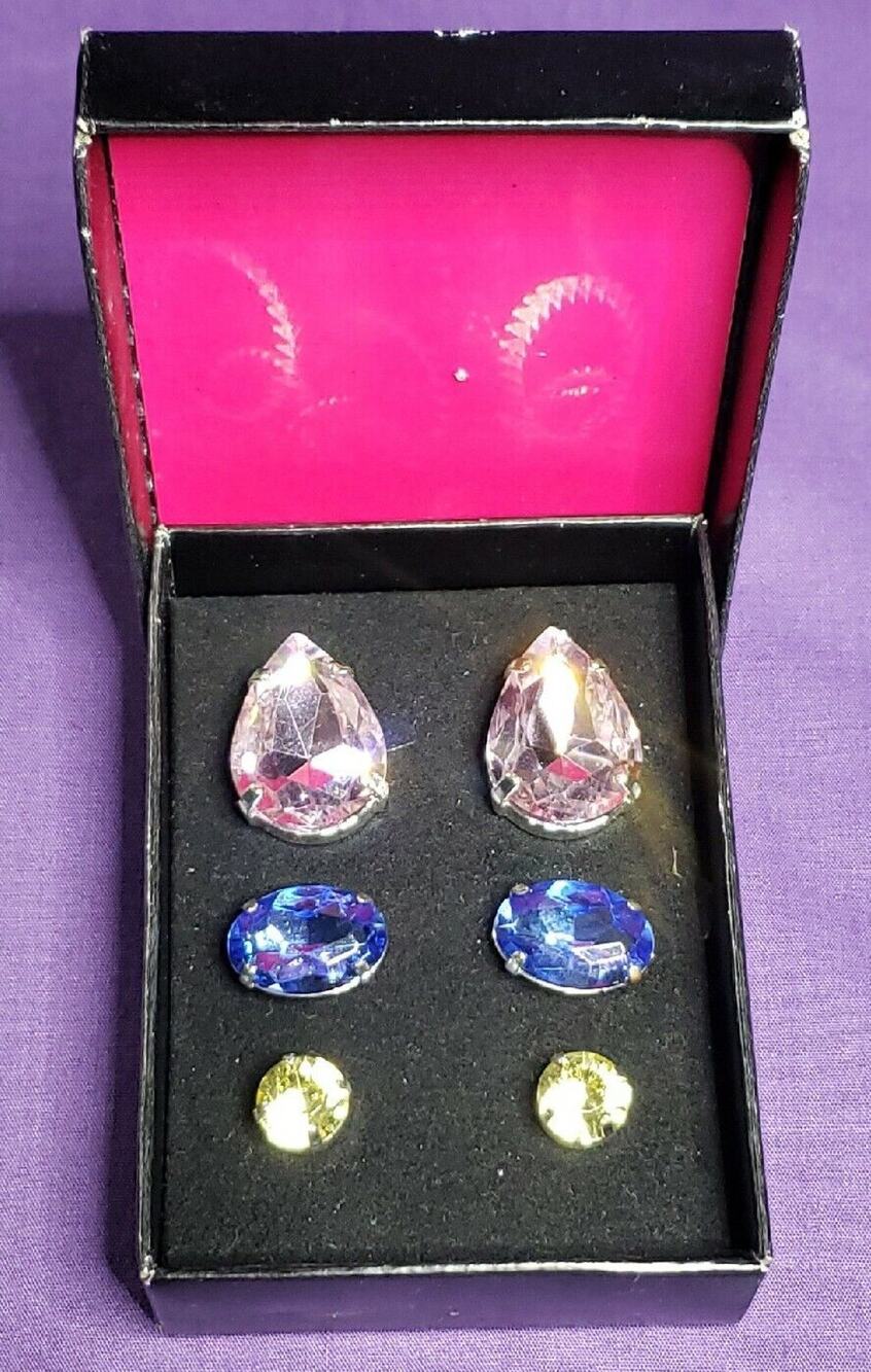 SAQ Signed 3 Pairs of Large Stud Earrings Pink Glass Blue & Yellow Acrylic w/box